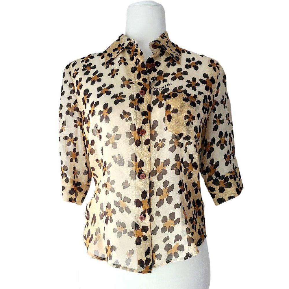 Moschino Animal Print Cropped Brown Silk Blouse